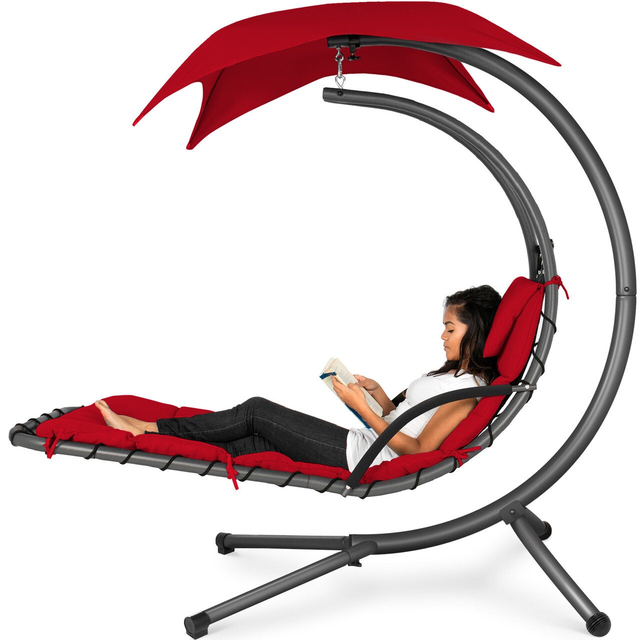 Best Choice Products Hanging Curved Chaise Lounge Chair Swing for Backyard, Patio w/ Pillow, Shade, Stand